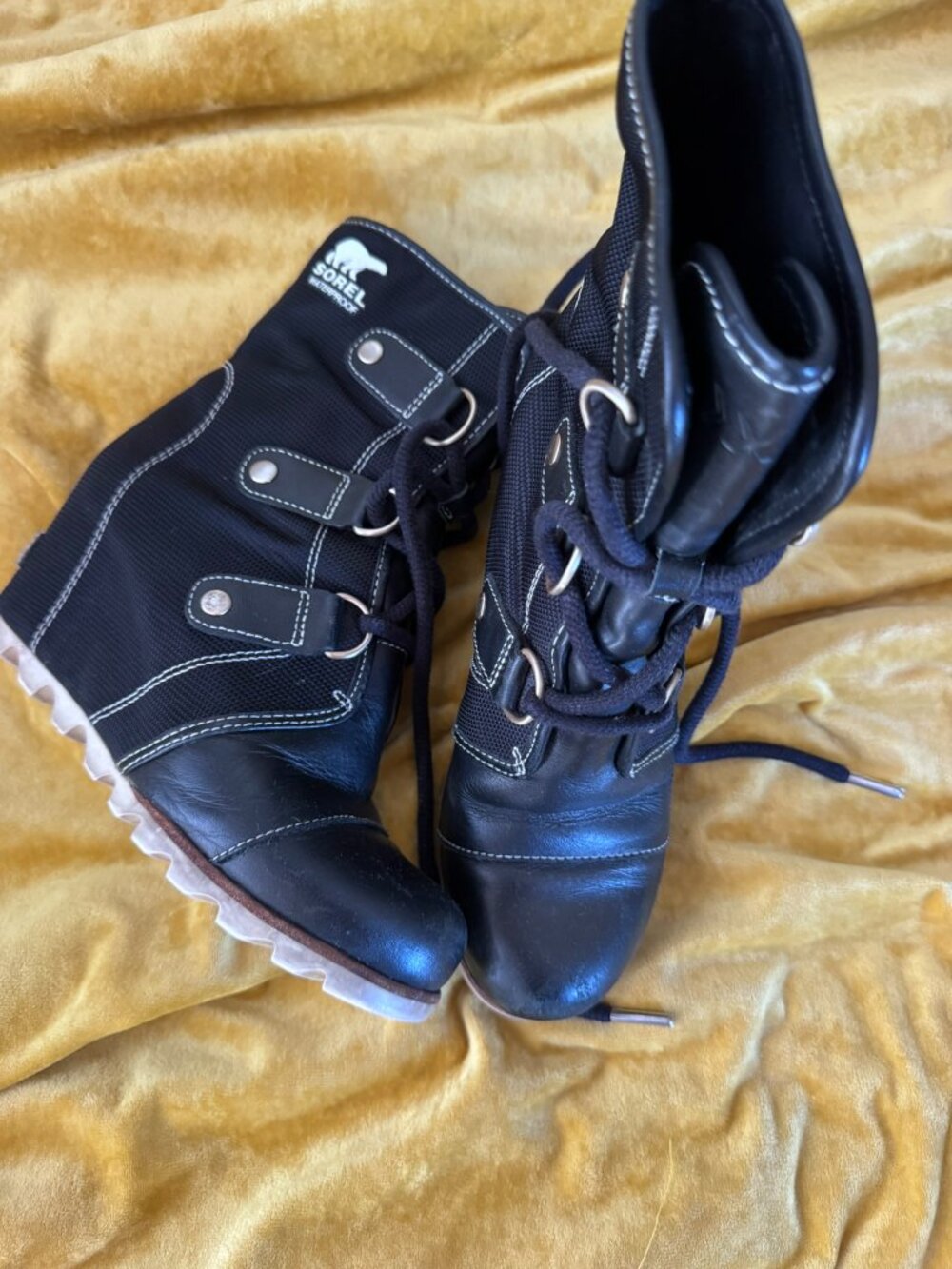 Sorel Joan of Arctic black waterproof lace-up wedge booties, women's size 6.5